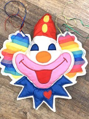 Vtg 80s 90s RAINBOW CLOWN Plush QUILTED WALL HANGING Crib Nursery Decor 16x15 in